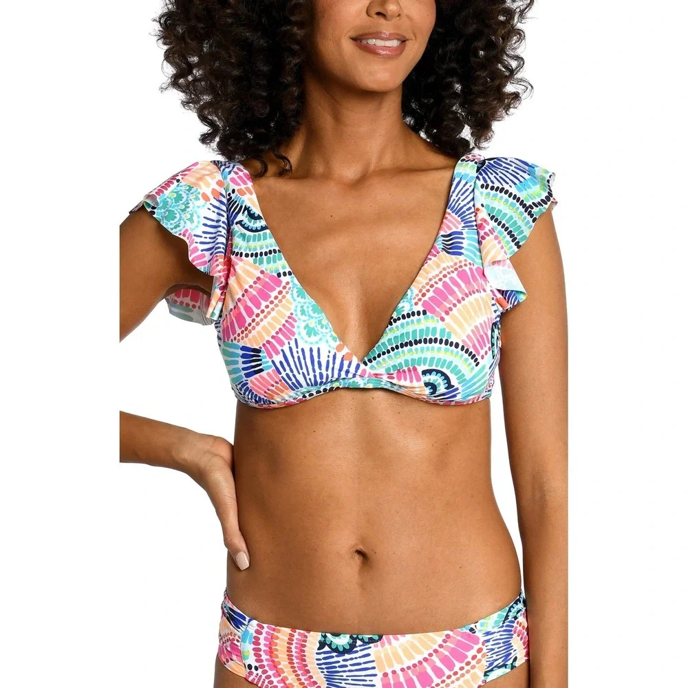 LA BLANCA V-Neck Ruffle Sleeve Bikini‎ Top Tie Back Multi Color Print Size 12